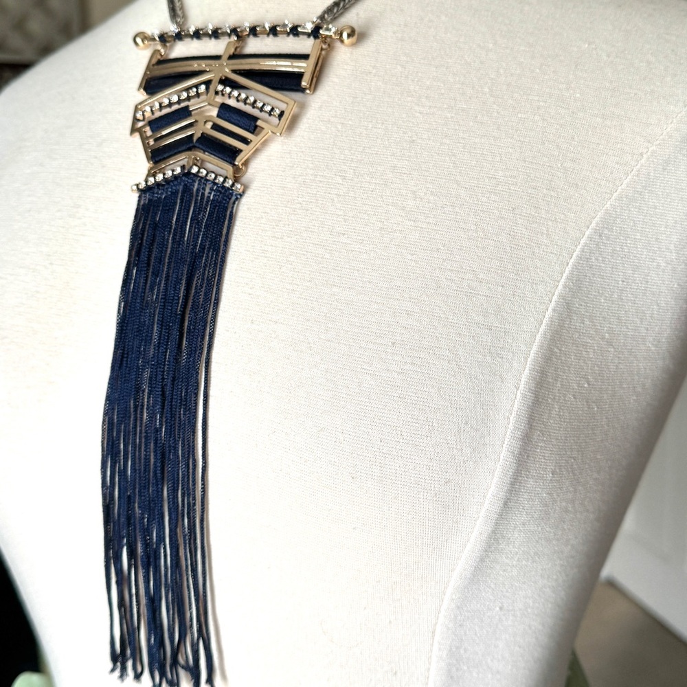 NORDSTROM statement necklace gold NAVY TASSELS silver rhinestones big bib long - Picture 4 of 9